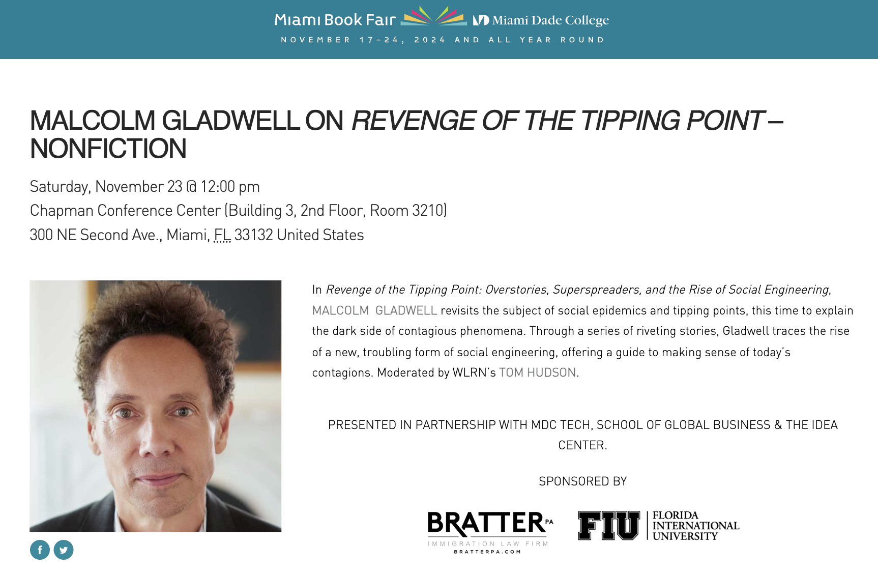 BRATTER PA honored by 2024 Miami Book Fair to present opening remarks for Malcolm Gladwell Author Session